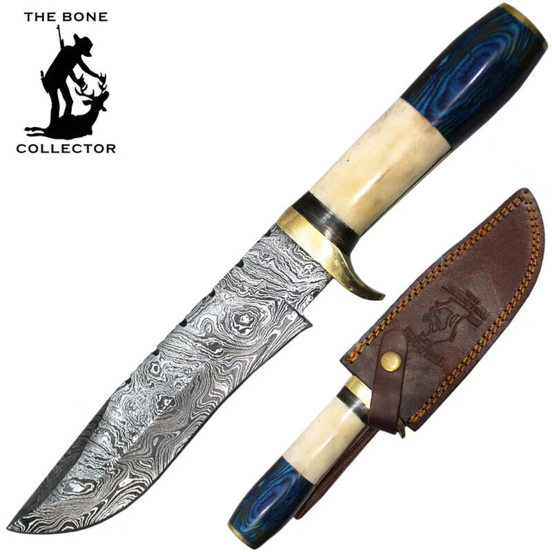 12" Damascus Blade Bone Collector Bovine Bone Wood Handle Hunting Knife with Leather Sheath, , large image number 0